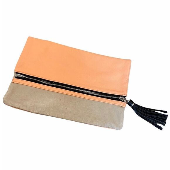 H&M Coral&Tan Zip Fold Over Faux Leather Clutch - Picture 1 of 7